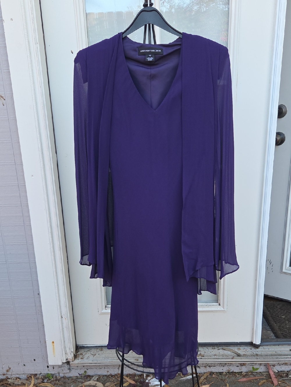 Jones New York Dress Deep Purple V-Neck Long Sleeve Silk Chiffon Dress, Size 4
